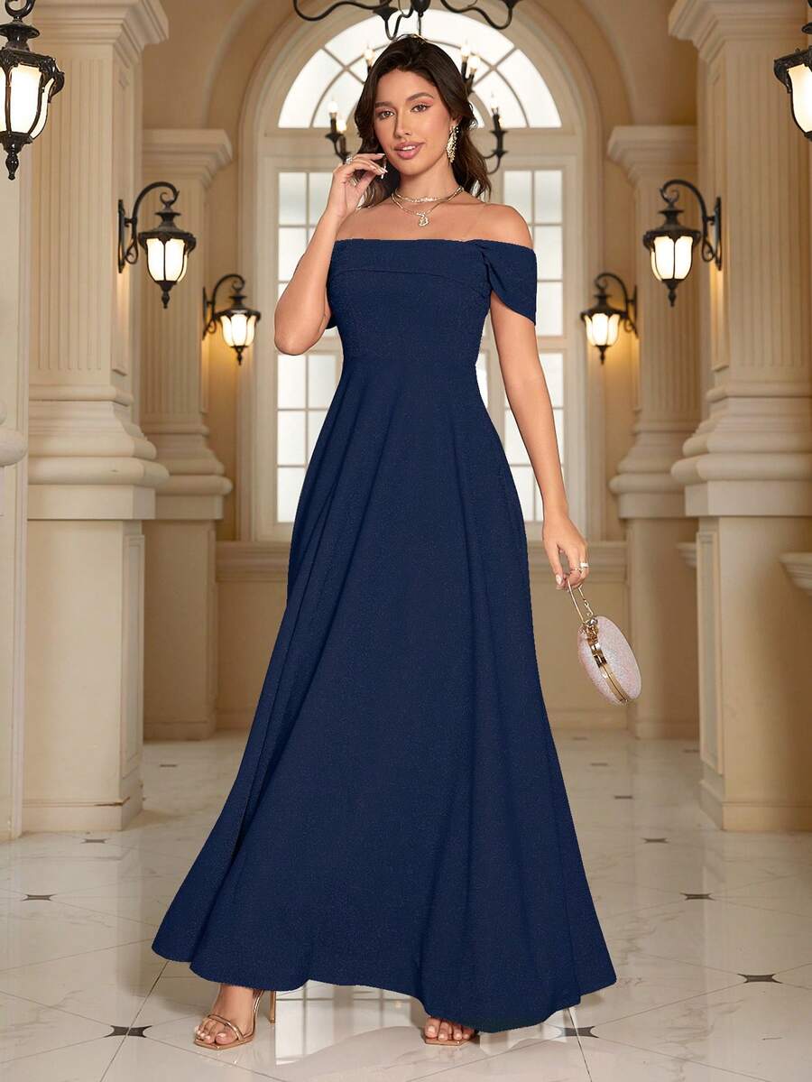 Off Shoulder Long Formal Dress Elegant Prom Evening Wedding Guest Gown, For Graduation, Dinner Party Dress - Royal Blue - View 1