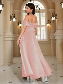Women's Elegant Off Shoulder Slit Evening Party Dress Formal Prom Wedding Guest Gown, For Graduation, Dinner - Dusty Pink - View 2