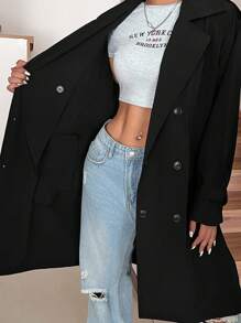 SHEIN EZwear Spring And Autumn Functional Fabric  Black Regular Style Loose Trench Coat - Black - View 8