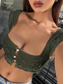 SHEIN Unity 實心釦前短款針織上衣 - 軍綠色 - 查看 6