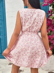 SHEIN Unity Round Neck Sleeveless Textured Dress With Cinched Waist For Women - Pink - View 2