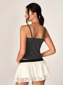 Flirla Camiseta sin mangas con encaje y rayas para mujer, decorada con lazo (corte aleatorio) para verano
