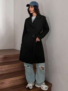 SHEIN EZwear Spring And Autumn Functional Fabric  Black Regular Style Loose Trench Coat - Black - View 4