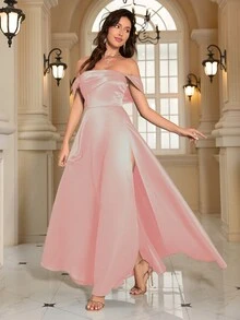 Women's Elegant Off Shoulder Slit Evening Party Dress Formal Prom Wedding Guest Gown, For Graduation, Dinner - Dusty Pink - View 3