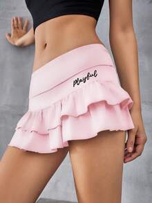 SHEIN Unity Letter Graphic Ruffle Hem Skirt - Pink - View 3