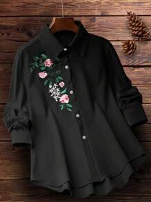 Plus Size Women Embroidered Casual Blouse, Autumn