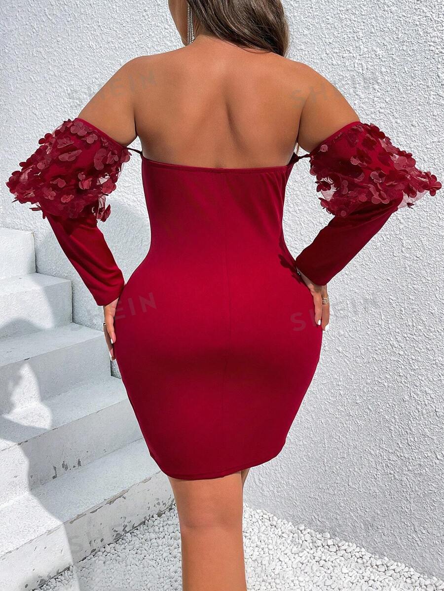 SHEIN Belle Robe d'?�t?� ?�l?�gante ajust?�e grande taille avec ?�paule d?�nud?�e en filet et patchwork 