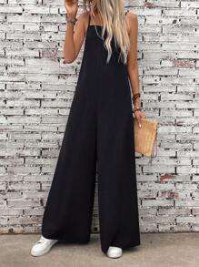 SHEIN LUNE Combinaison à bretelles spaghetti et jambes larges de couleur unie pour les vacances et les loisirs