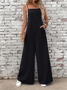 SHEIN LUNE Combinaison à bretelles spaghetti et jambes larges de couleur unie pour les vacances et les loisirs