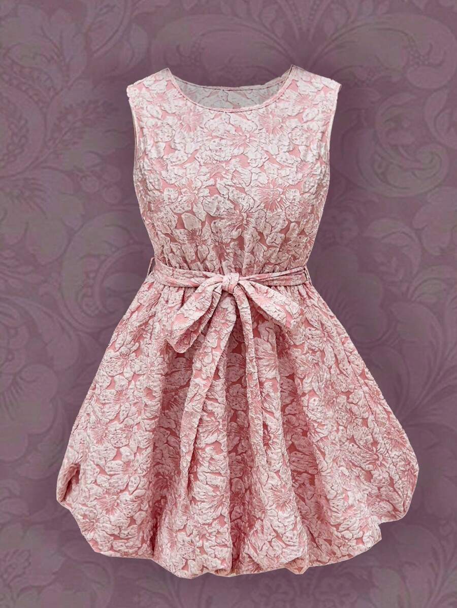 SHEIN Unity Round Neck Sleeveless Textured Dress With Cinched Waist For Women - Pink - View 1