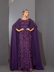 Mgiacy Round Neck See-Through 3D Embroidered Lace Cape With Chiffon Sleeves, High-End Evening Dress Elegant Prom Semi Formal Wedding Guest Dress, For Birthday, Graduation, Homecoming