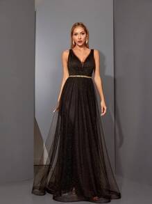 Metallic Mesh Ruffle Sequin Trimmed Belted Dress With V-Neckline - Black - View 1