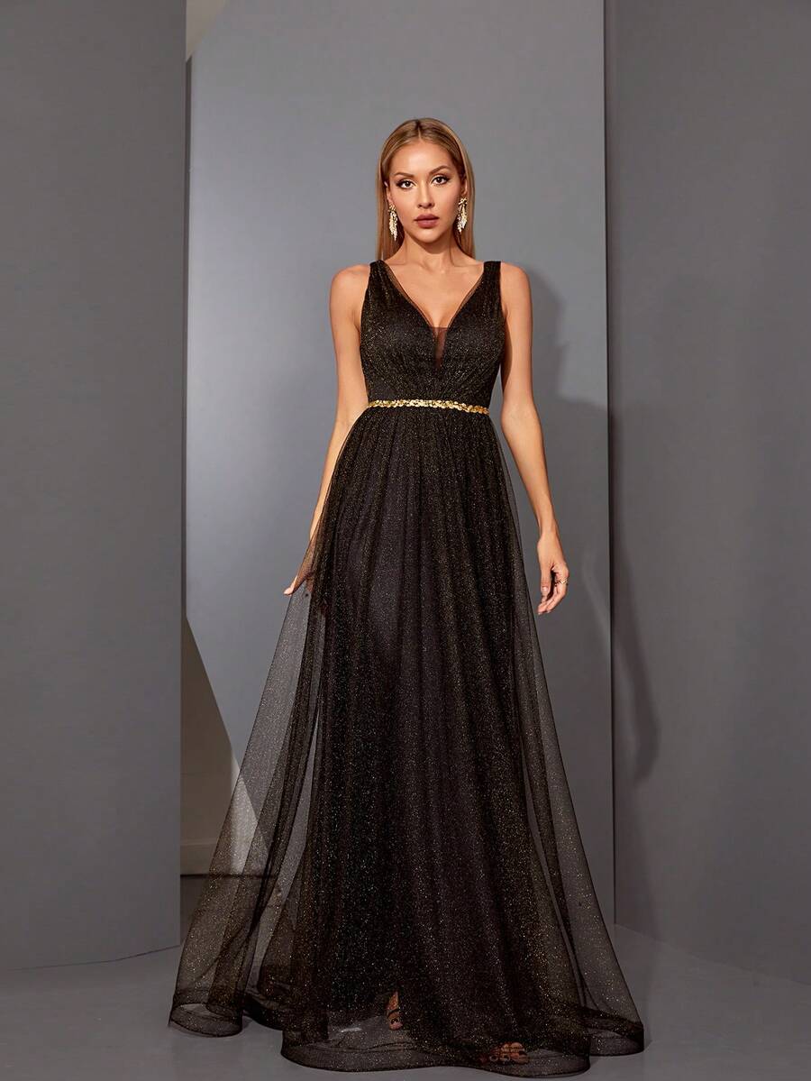 Metallic Mesh Ruffle Sequin Trimmed Belted Dress With V-Neckline - Black - View 1