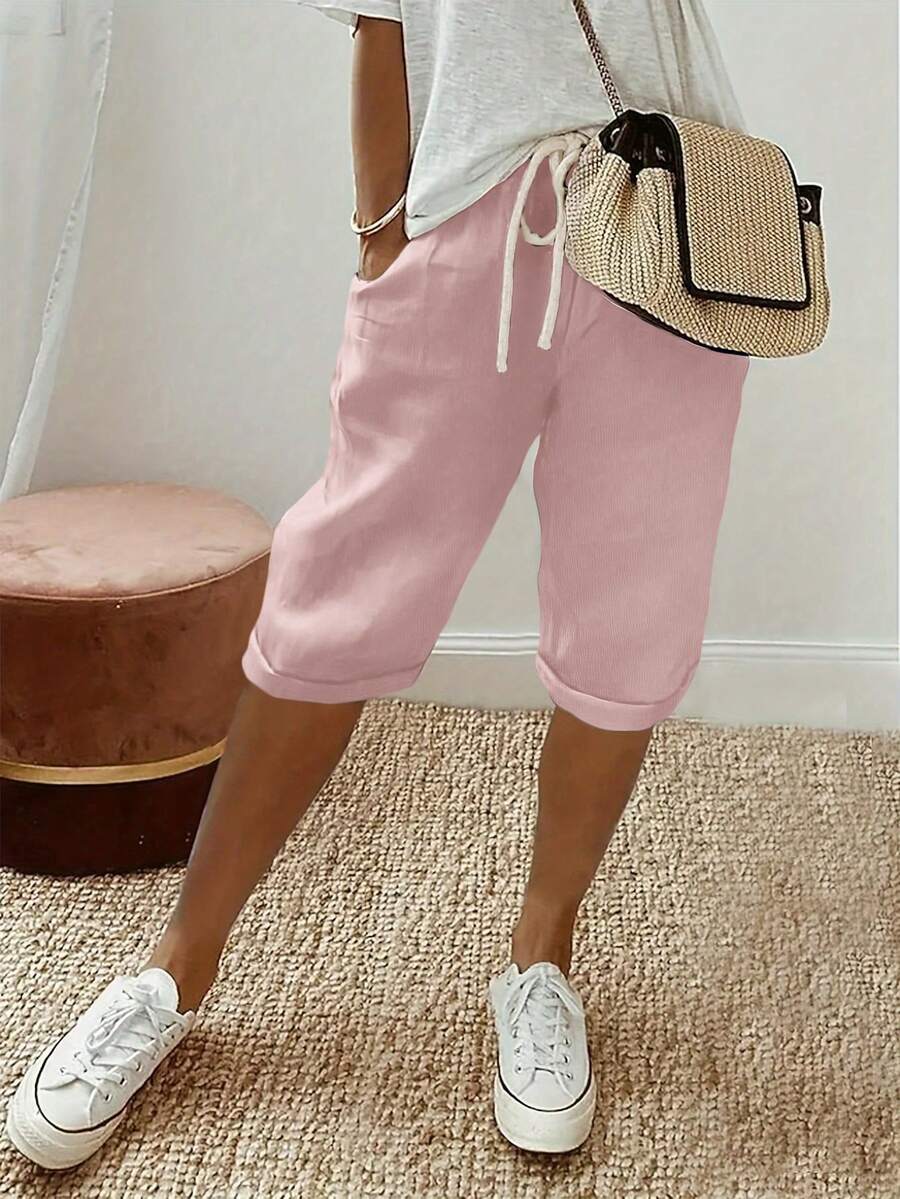 Women Solid Color Drawstring Waist Pockets Casual Shorts - Pink - View 1