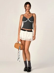 Flirla Camiseta sin mangas con encaje y rayas para mujer, decorada con lazo (corte aleatorio) para verano