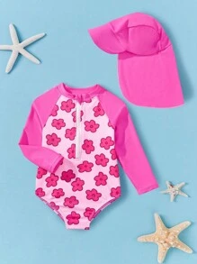 Baby Girl Flower Printed Round Neck Short Sleeve One-Piece Swimsuit For Summer Beach