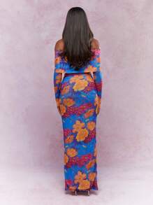 MISSGUIDED Floral Printed Long Sleeve Bardot Maxi Dress