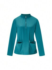 TaskEZ Soft And Comfortable Half Zipper Pullover With Long Sleeve, Fall/Autumn Solid Color 4-Pocket Stretch Zipper V-Neck Stand Collar Scrub Uniform Top