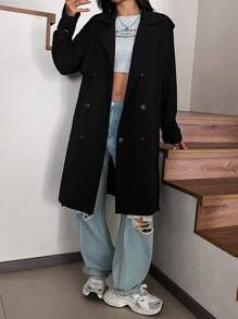 SHEIN EZwear Spring And Autumn Functional Fabric  Black Regular Style Loose Trench Coat - Black - View 1