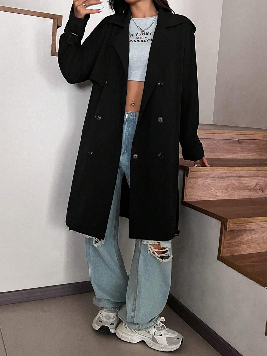 SHEIN EZwear Spring And Autumn Functional Fabric  Black Regular Style Loose Trench Coat - Black - View 1