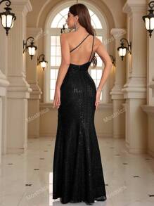 Vestido de noche elegante y formal asimétrico de cola de pez con cuello brillante y piel sintética, ideal para graduación, cena y eventos, en color negro