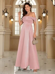 Women's Elegant Off Shoulder Slit Evening Party Dress Formal Prom Wedding Guest Gown, For Graduation, Dinner - Dusty Pink - View 5
