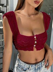 SHEIN Unity Solid Button Front Crop Knit Top - Red - View 3