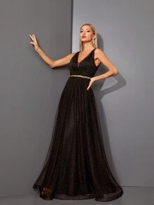 Metallic Mesh Ruffle Sequin Trimmed Belted Dress With V-Neckline - Black - View 4