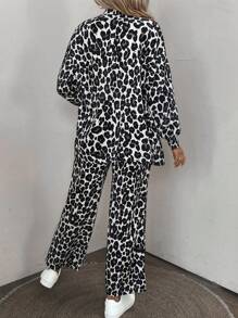 SHEIN LUNE 休閒豹紋兩件套，長袖襯衫和長褲，適用於春秋季節 - 彩色 - 查看 2