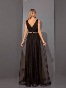 Metallic Mesh Ruffle Sequin Trimmed Belted Dress With V-Neckline - Black - View 2