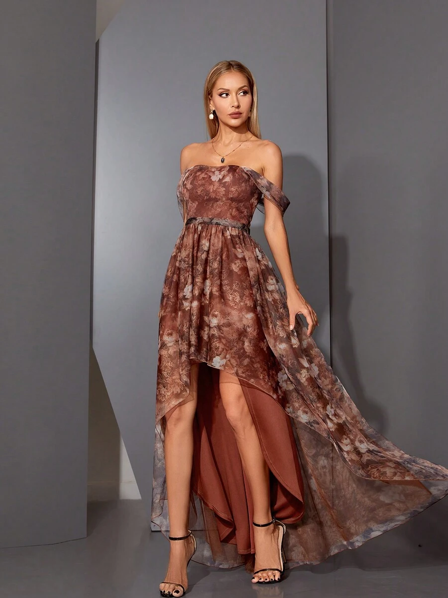 Off Shoulder Printed Mesh High-Low Hem Ruched Dress - Brown - View 1