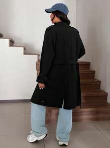 SHEIN EZwear Spring And Autumn Functional Fabric  Black Regular Style Loose Trench Coat - Black - View 2