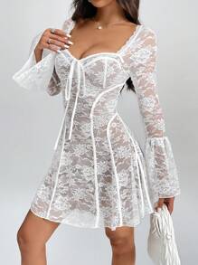 SHEIN PETITE 復古蕾絲甜心領蓬蓬袖連身裙