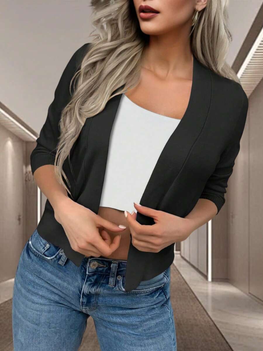 Pariaura Spring/Summer Casual Solid Color V-Neck Short Cardigan With Medium Sleeves,Three Quarter Sleeve Tops - Black - View 1