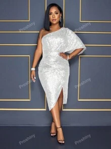 Sexy One Shoulder Sparkly Evening Party Gown Burgundy Lady Bling Robe De Soiree Prom Sequins Homecoming Dresses Elegant Cocktail Semi Formal Wedding Guest Dress, For Birthday, Graduation, Dinner