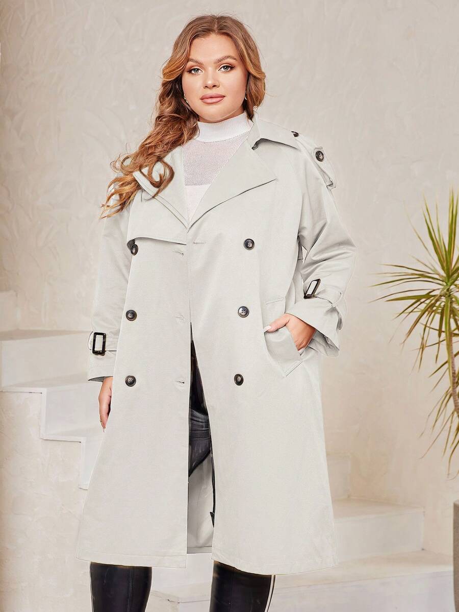 Plus Size Solid Color Double-Breasted Waistband Casual Trench Coat - Beige - View 1