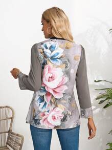 EMERY ROSE Autumn Leisure Grey Long Sleeve Shirt With Flower Print & Patched Design, Notched Neck - Black - View 4