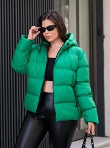 RueChic Plus Zip Up Hooded Belted Puffer Coat - Green - View 4