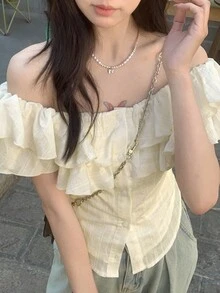 新款露肩女士衬衫，春夏露肩 - 杏色 - 查看 7