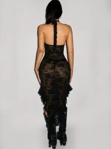 SHEIN ICON 夏季性感深V領蕾絲胸罩杯透視無背領帶連衣裙 - 黑色 - 查看 2