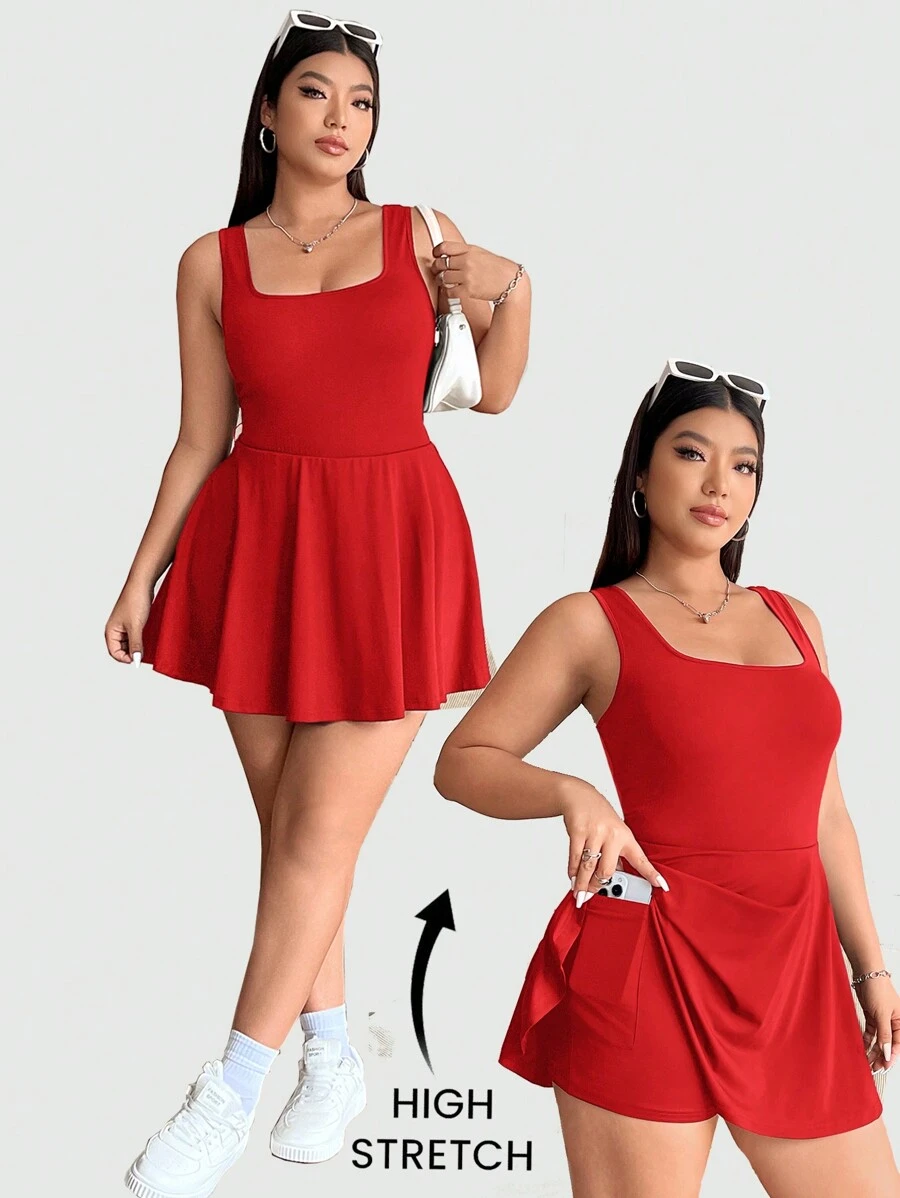 SHEIN EZwear 大码女式无袖连体衣,纯色口袋,连体衣 - 紅色 - 查看 1
