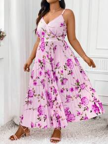 SHEIN Holidaya Váy hai dây xếp ly in hoa thanh lịch cỡ lớn, trang phục Maxi mùa hè cho nữ - Màu Lilac Tím - Xem 6