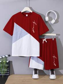 SHEIN 2pcs Teen Boys' Casual Color Block Patchwork Printed Round Neck Pullover T-Shirt And Athletic Shorts Set, Spring/Summer - Red - View 1