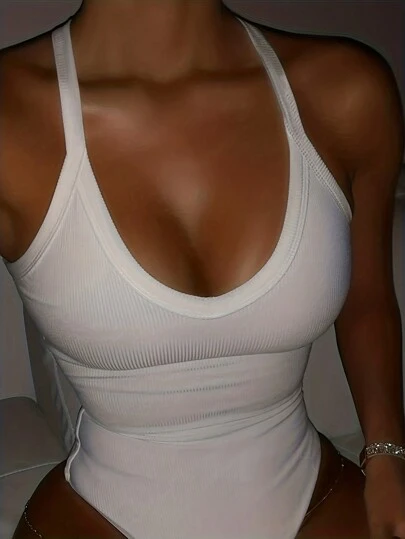 INAWLY Plus Size Solid White Simple Daily Spaghetti Strap Tight Bodysuit för kvinnor