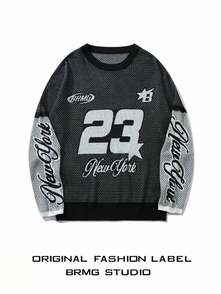 新款男士春夏學院風數字提花針織毛衣，中性圓領短袖空心編織套頭毛衣帶孔洞 - 黑色 - 查看 1