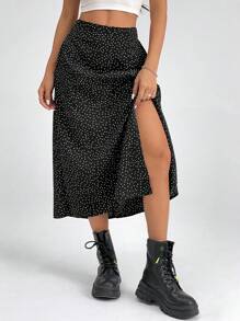 SHEIN PETITE Mid-Length A Slit Polka Dot Casual Vacation Skirt