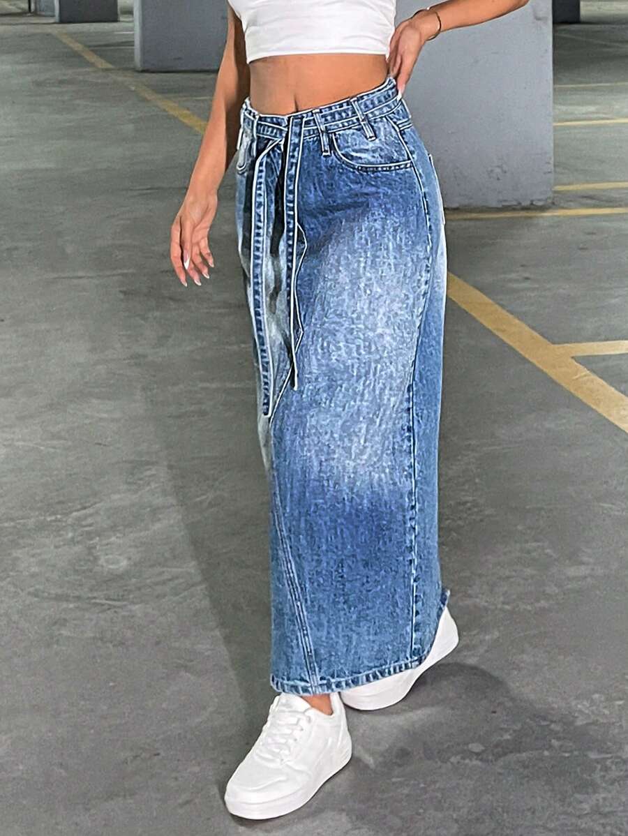 SHEIN Cottnline BELT AND SLIT DETAIL MAXI DENIM SKIRT - Medium Wash - View 1