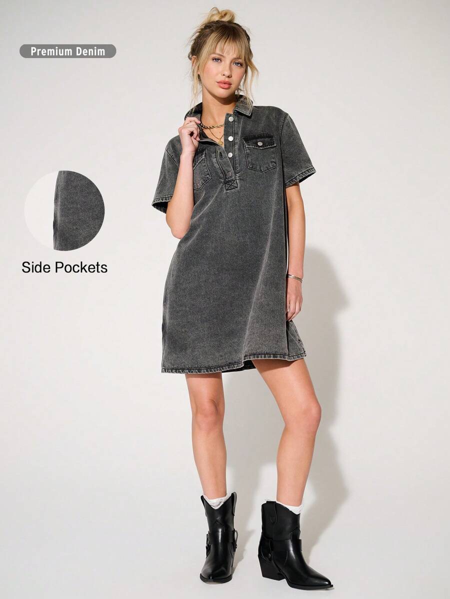 WESTFADE Premium Non-Stretch Cotton Denim Mini Shirt Dress - Grey - View 1