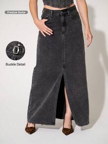 WESTFADE Premium Non-Stretch Cotton Denim Maxi Skirt - Grey - View 1