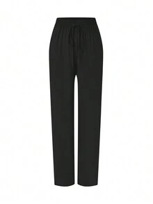 SHEIN TaskFit Ensemble uniforme de pantalon long et chemise à manches courtes simple de couleur unie pour grande taille, à zip au col, uniforme et blouse pour grande taille - Noir - Voir 3